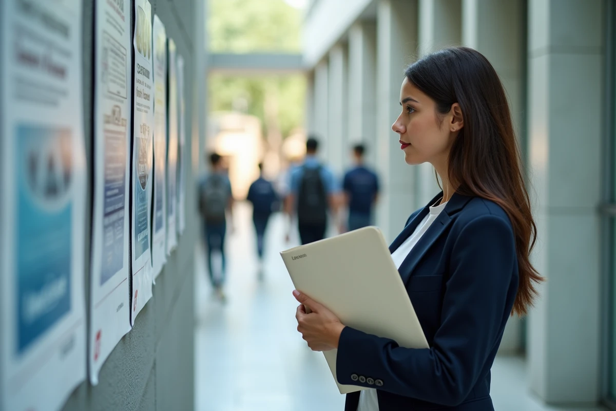 Jeune femme consultant un tableau d'affichage universitaire avec des informations sur les licences et les titres RNCP
