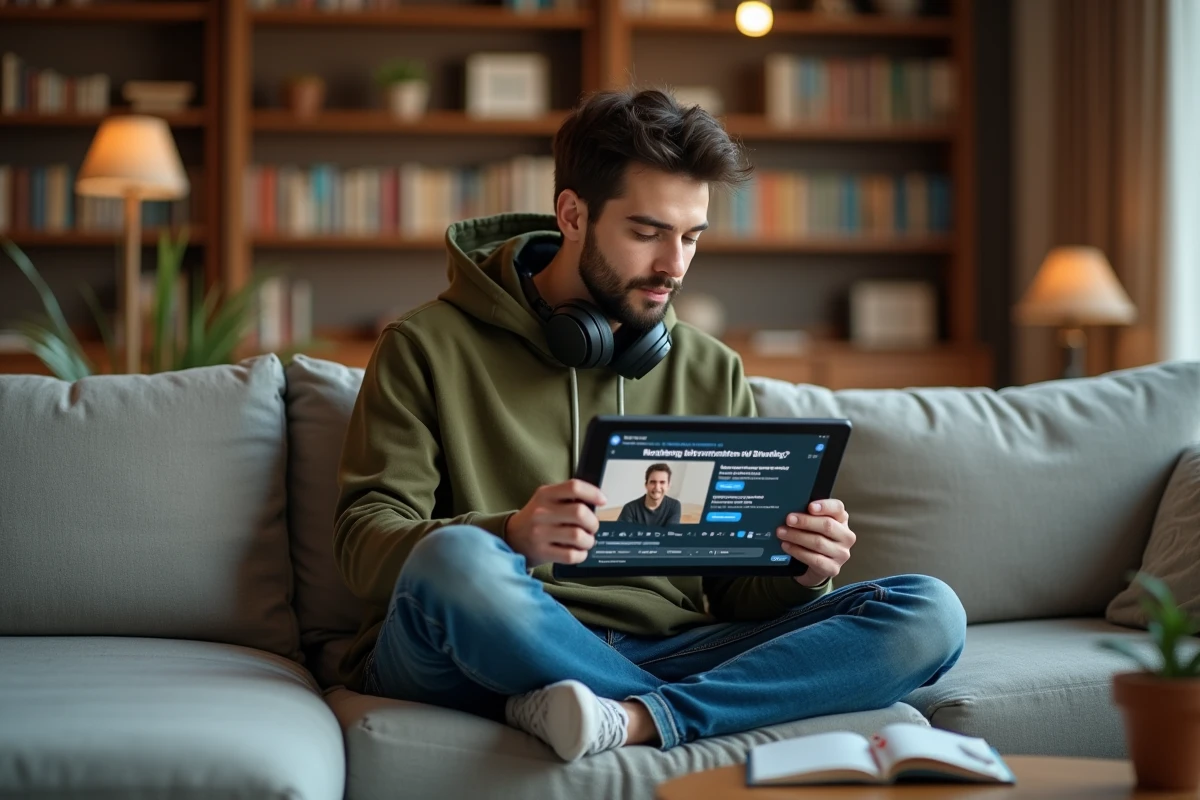 Un jeune homme suivant une formation en ligne via un système de gestion de l'apprentissage sur tablette à la maison
