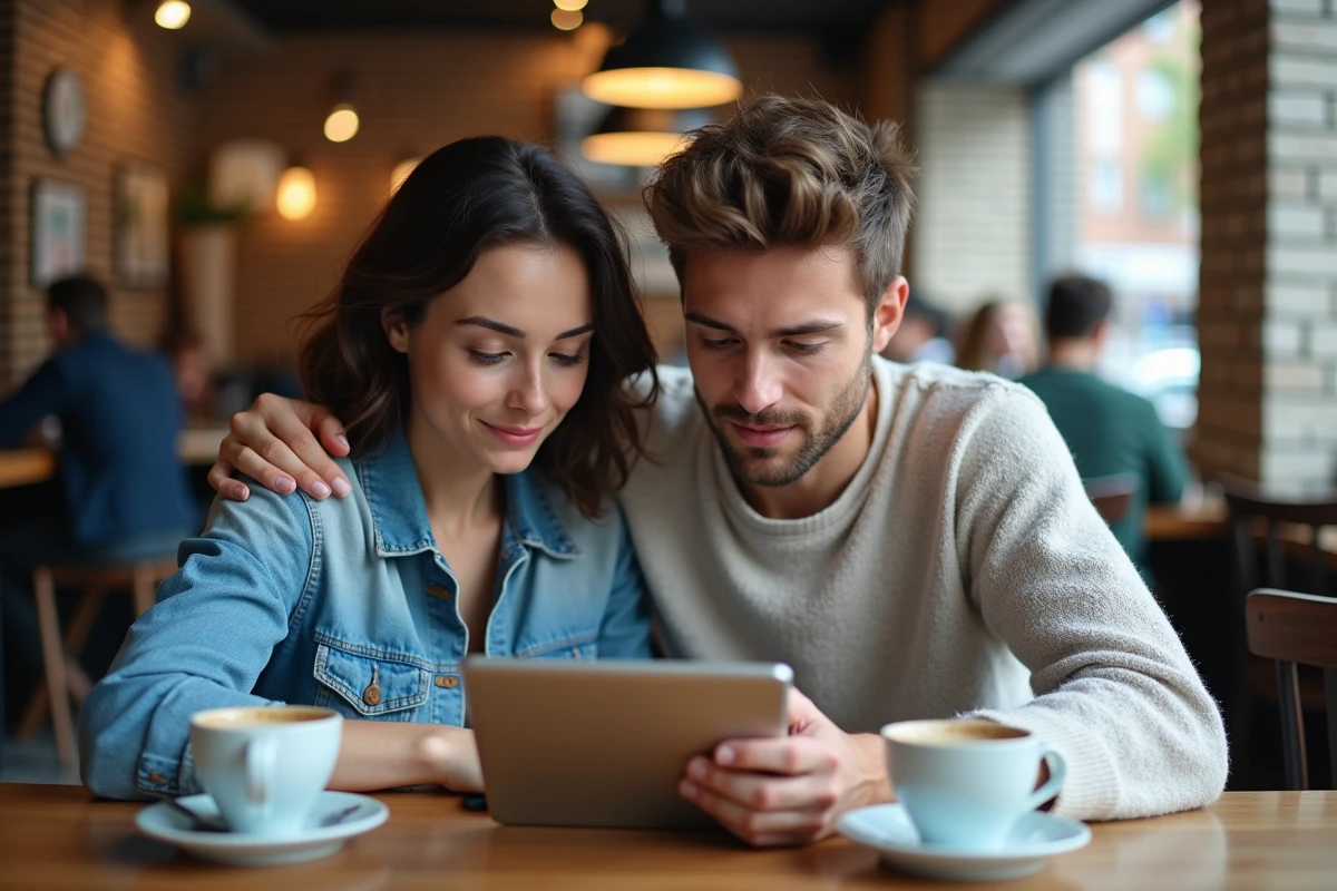 Deux jeunes adultes apprenant ensemble des compétences numériques sur une tablette dans un café urbain