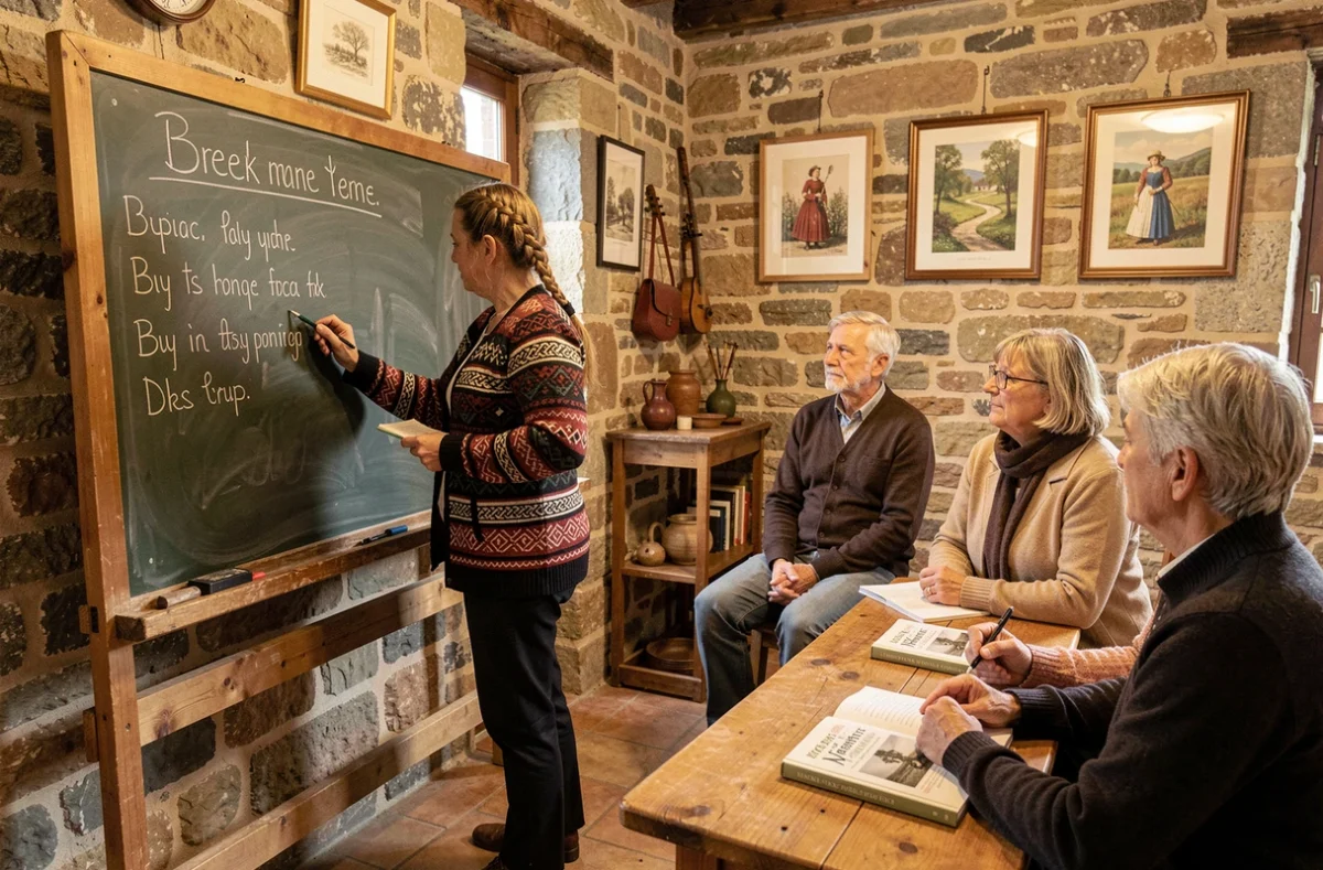 Formatrice en langue bretonne écrivant des mots au tableau devant des apprenants adultes lors d'un atelier Kenteliou An Noz à Nantes