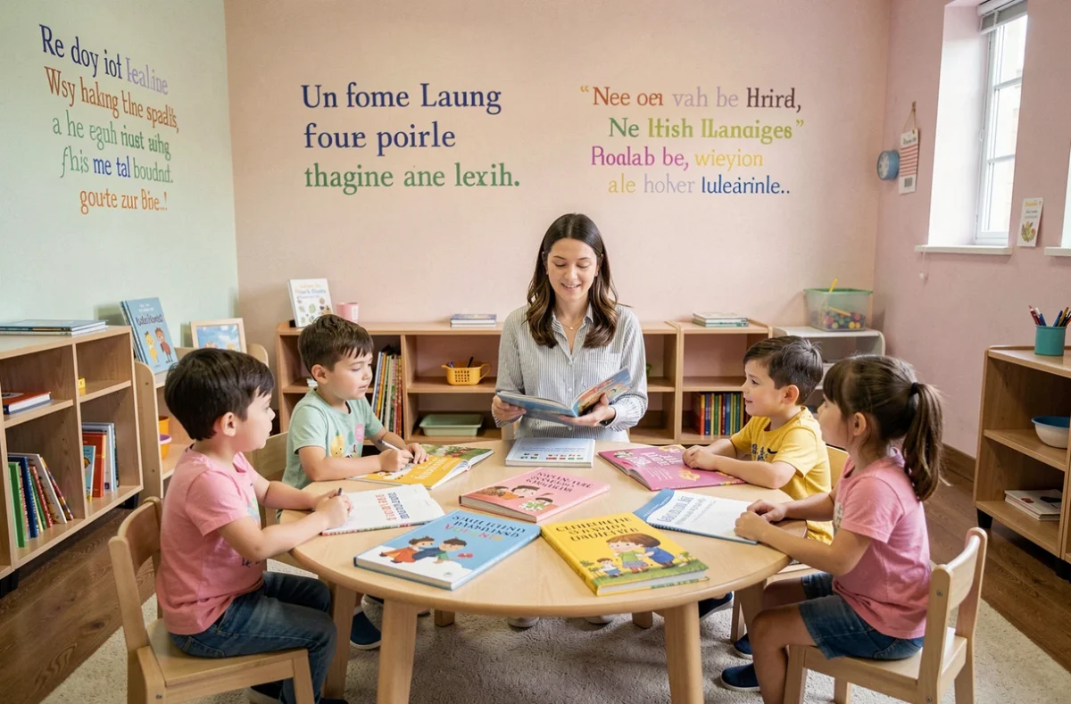 Enseignante de La Petite École Bilingue Bordeaux animant une lecture bilingue français-anglais avec de jeunes élèves