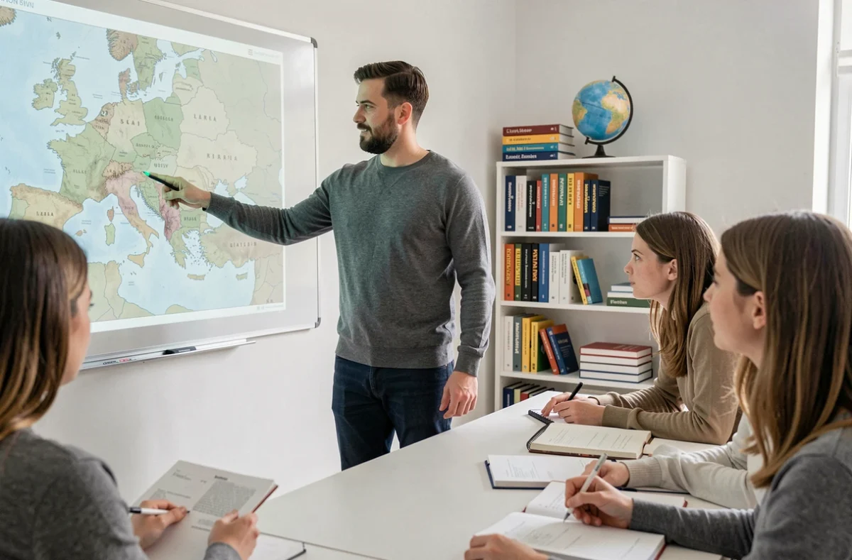 Spécialiste FLE montrant une carte des langues européennes à ses apprenants adultes dans un cours animé par Lesigne Erwan