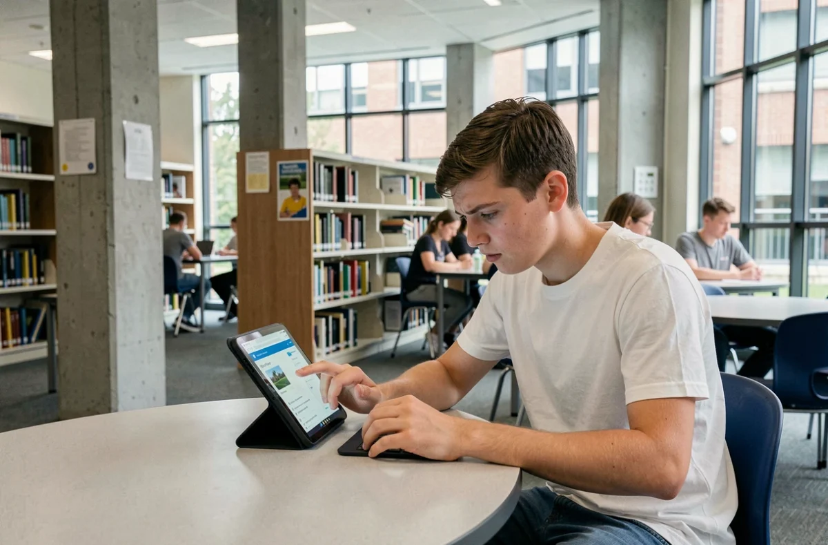 Lycéen consultant ses cours en ligne sur tablette dans une bibliothèque scolaire via lyc2e connect2