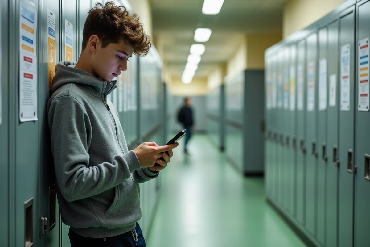 Lycéen consultant une application scolaire sur smartphone dans le couloir d'un lycée en Charente