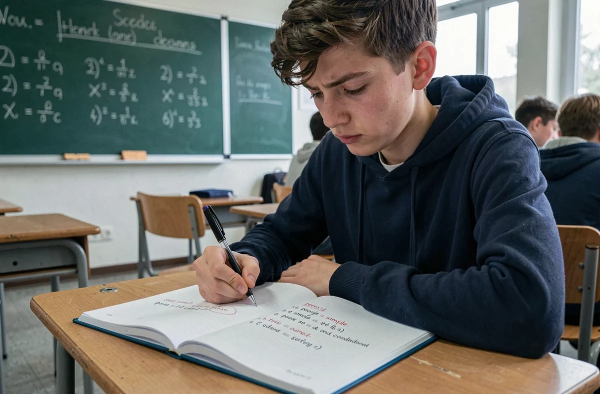 Lycéen travaillant sur les conjugaisons du passé simple et du conditionnel du verbe manger en classe