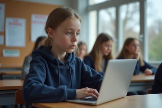 Lycéenne de Charente utilisant un ENT sur ordinateur portable en classe