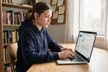 Lycéenne accédant à ses devoirs en ligne sur la plateforme lyc2e connect2 depuis sa chambre