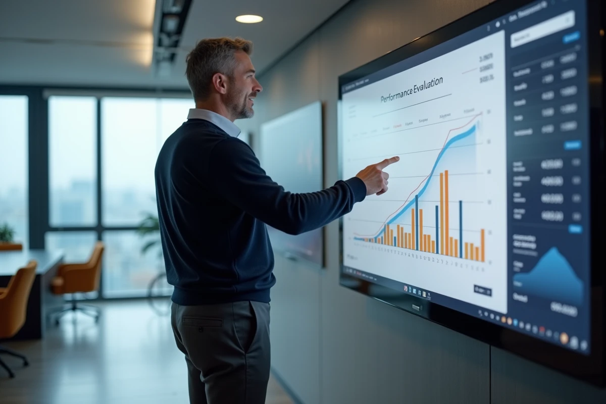 Un manager présente un tableau de bord d'évaluation de l'impact d'une formation lors d'une réunion d'équipe