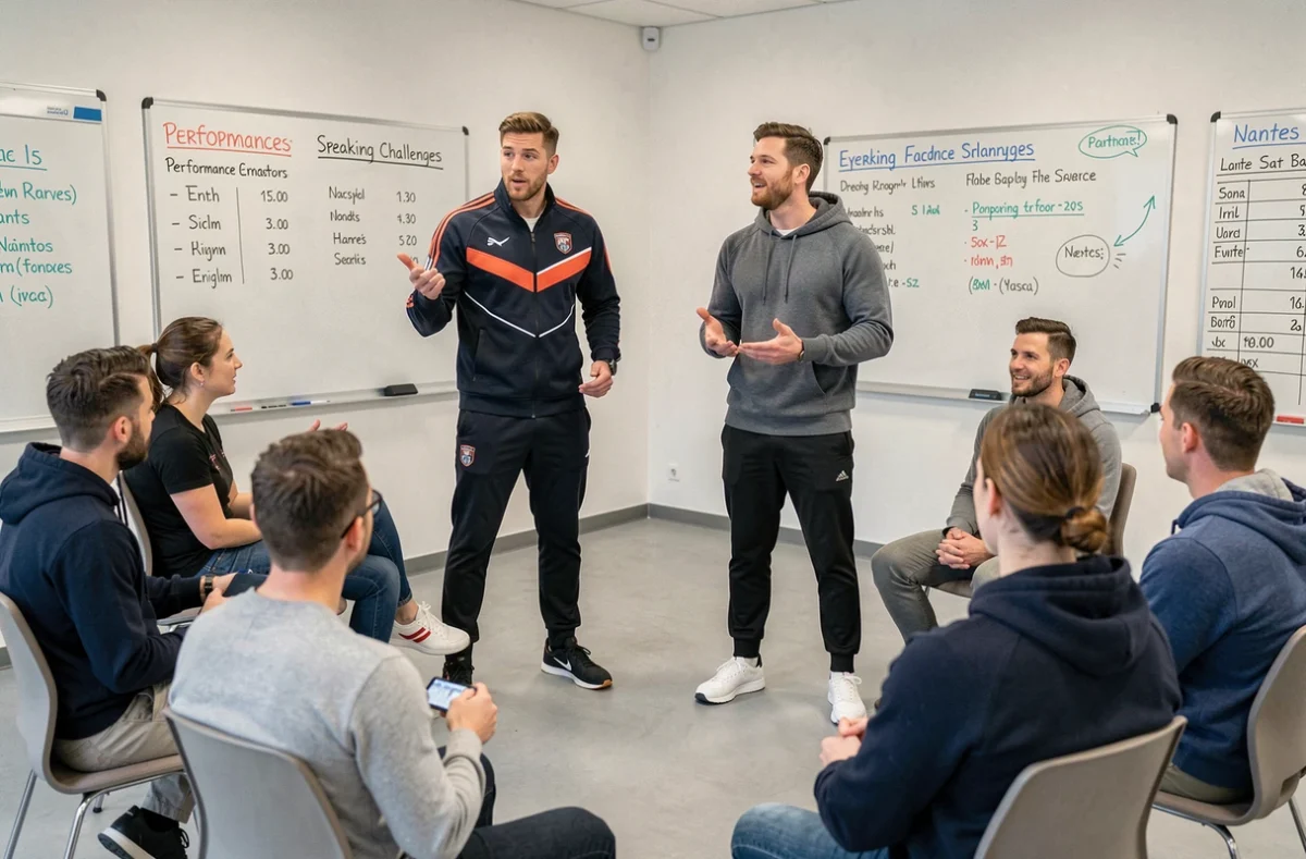 Deux coachs des Marmignon Brothers animant une session d'anglais orientée performance avec des adultes à Nantes