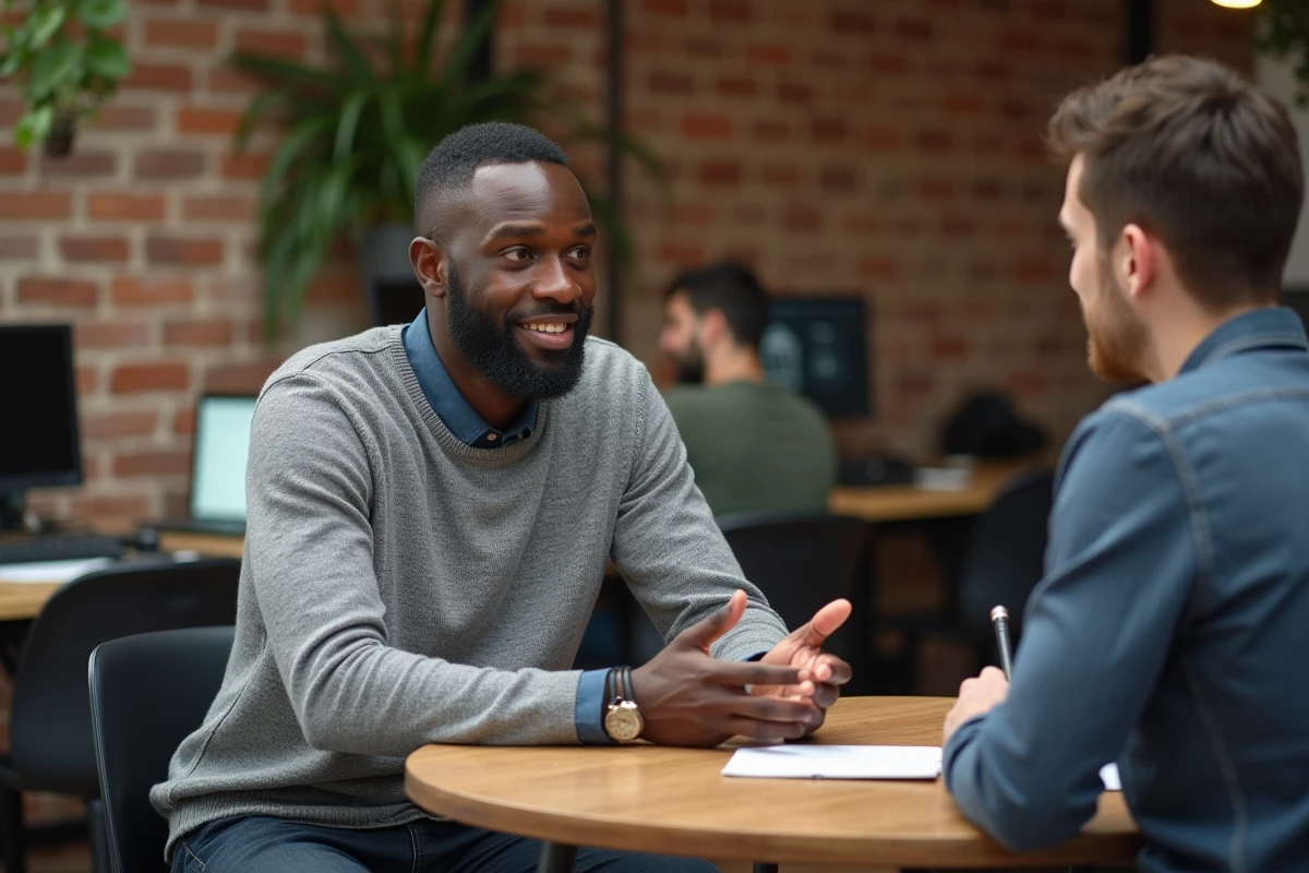 Manager bienveillant en pull gris pratiquant le mentorat individuel dans un espace de coworking aux briques apparentes