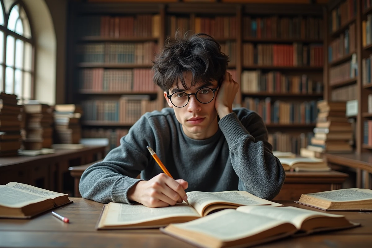 Étudiant en bibliothèque universitaire ancienne entouré de manuscrits scientifiques et philosophiques historiques