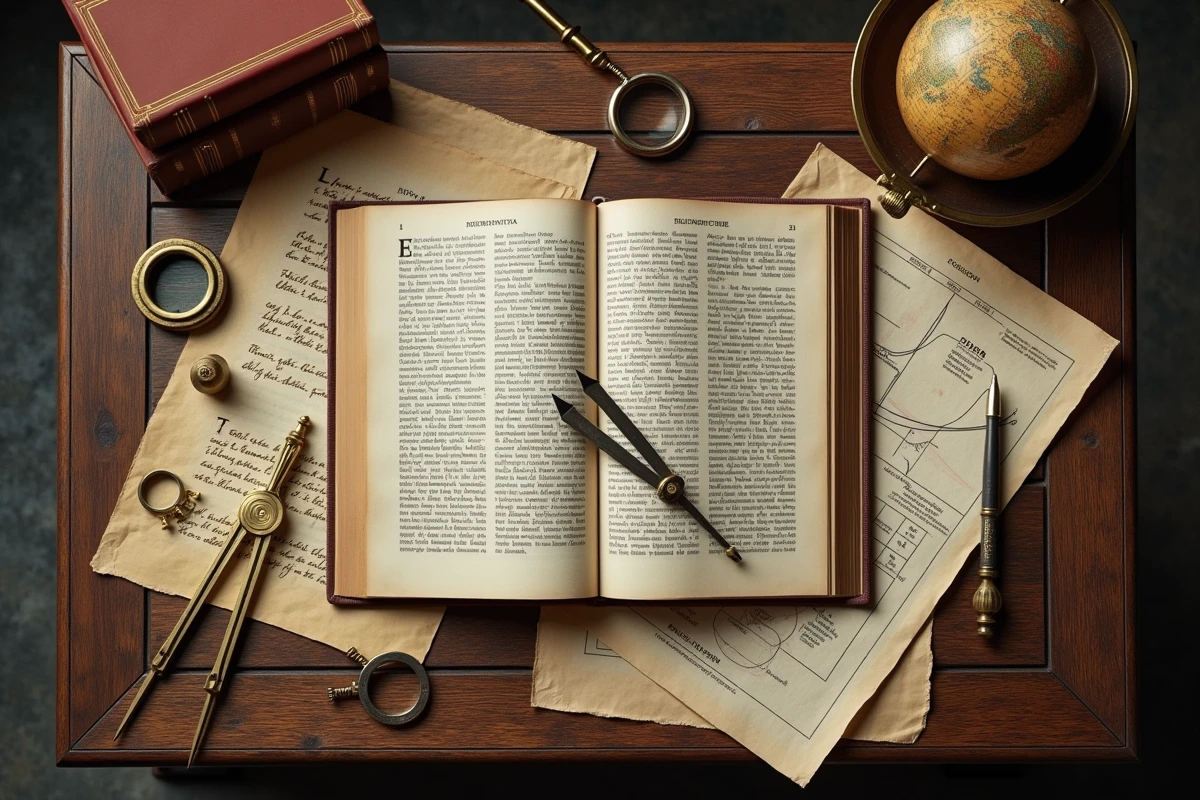 Flat-lay d'objets scientifiques et philosophiques sur un bureau ancien illustrant l'origine commune des sciences