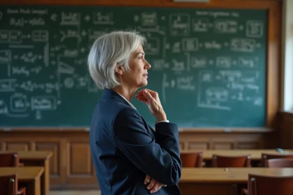 Professeure universitaire devant un tableau noir couvert d'équations, symbolisant la philosophie comme mère de toutes les sciences
