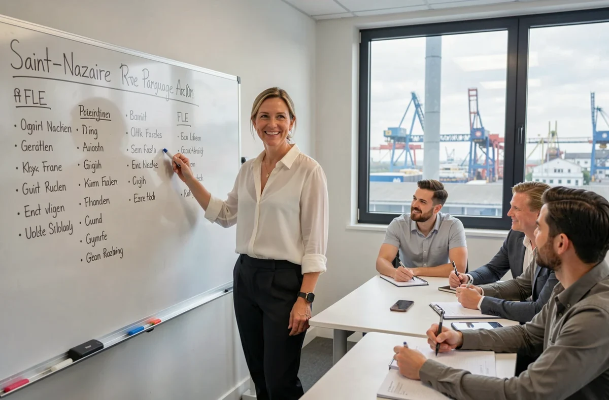 Formatrice Monika Marot animant un cours d'anglais, d'allemand et de FLE dans une salle de formation à Saint-Nazaire