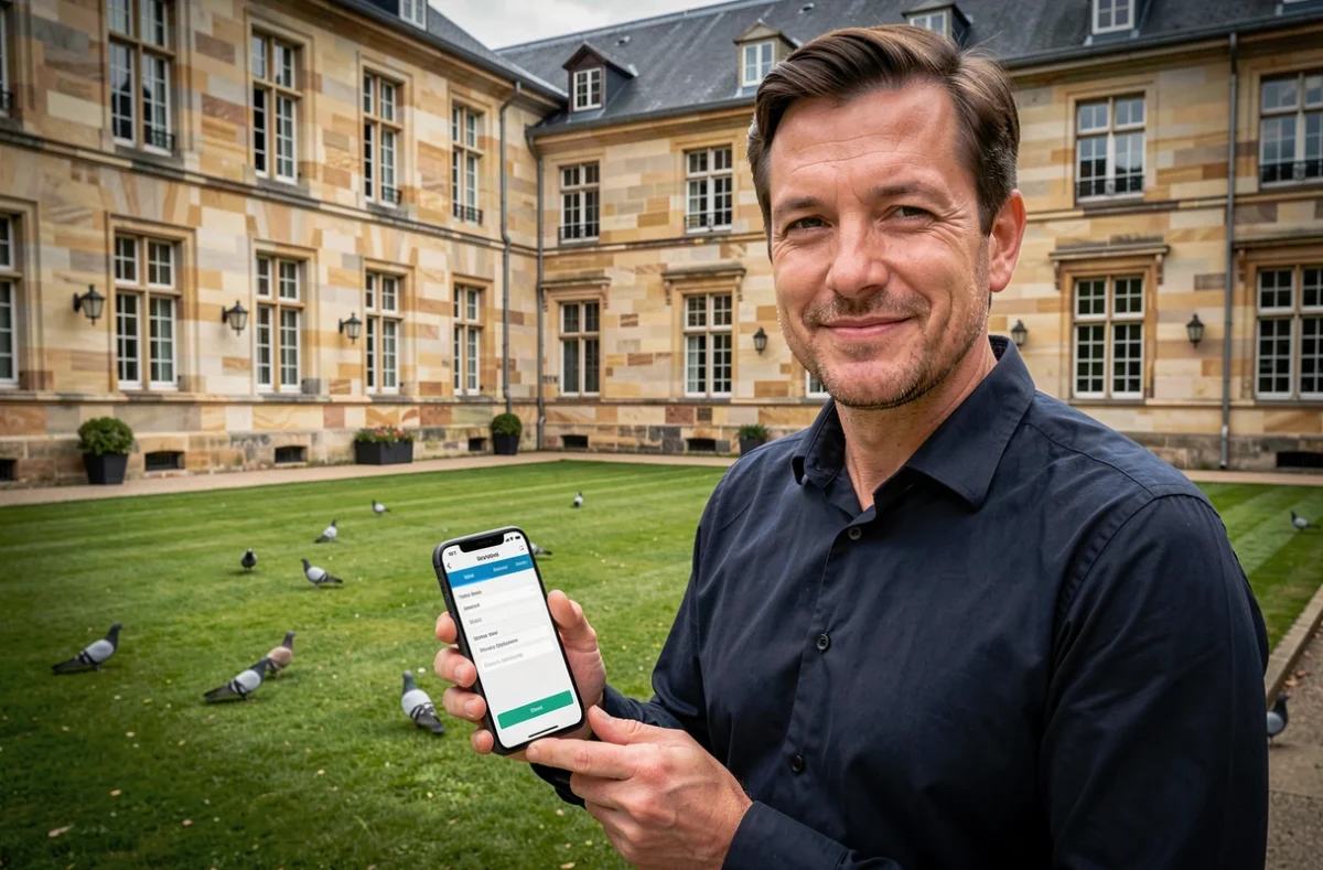 Homme paramétrant son compte mail universitaire de Clermont-Ferrand sur smartphone devant un bâtiment académique en pierre