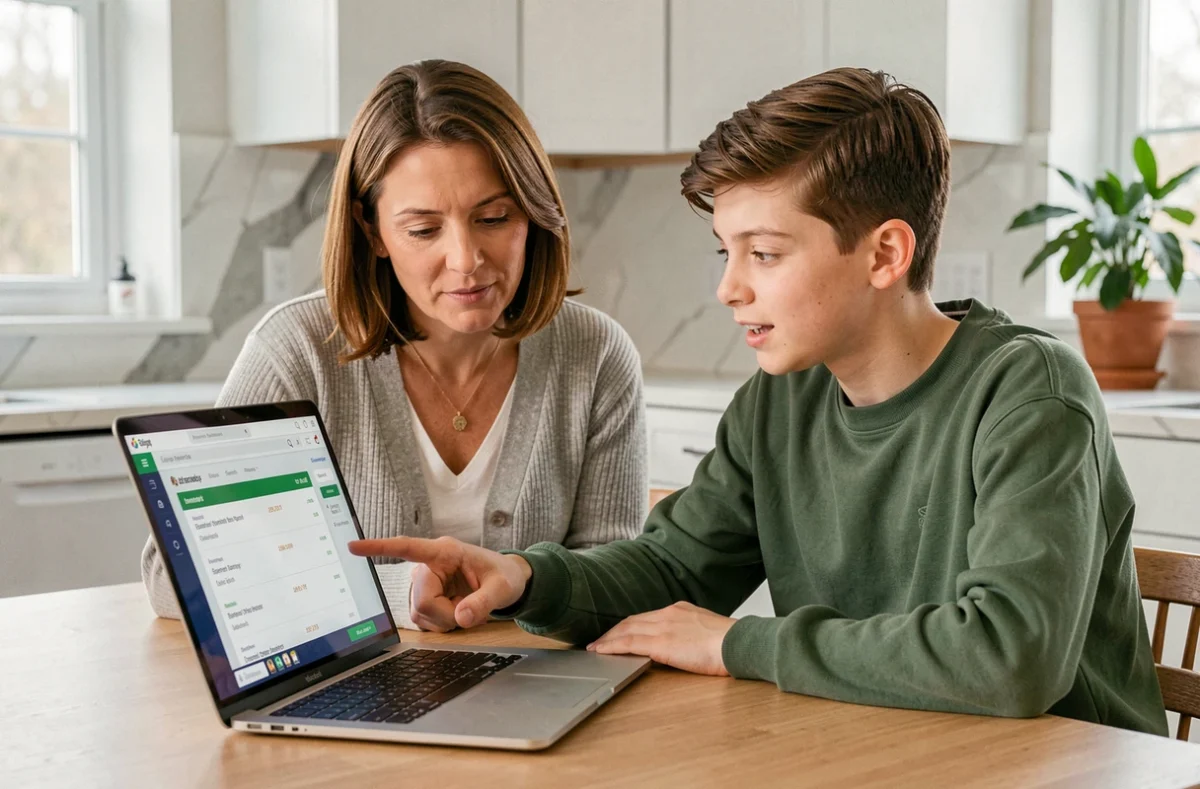 Parent et lycéen consultant ensemble les devoirs et notes sur la plateforme lyc2e connect2 depuis la maison