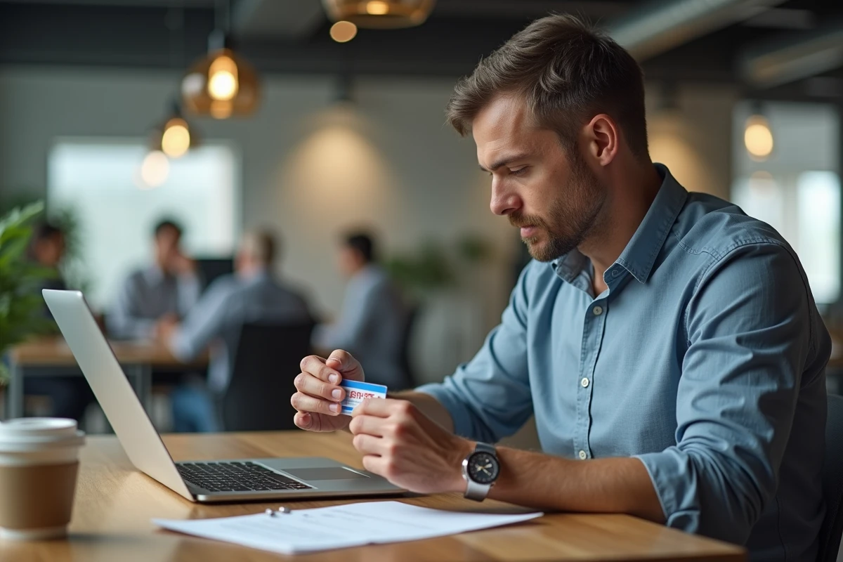 Homme d'affaires tenant une carte de pass physique dans un espace de coworking moderne