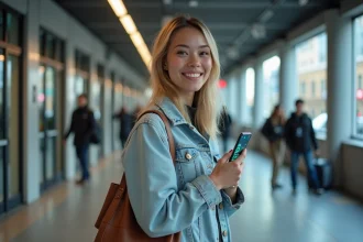 Jeune femme tenant un smartphone avec un pass numérique QR code à l'entrée d'une station de transport en commun