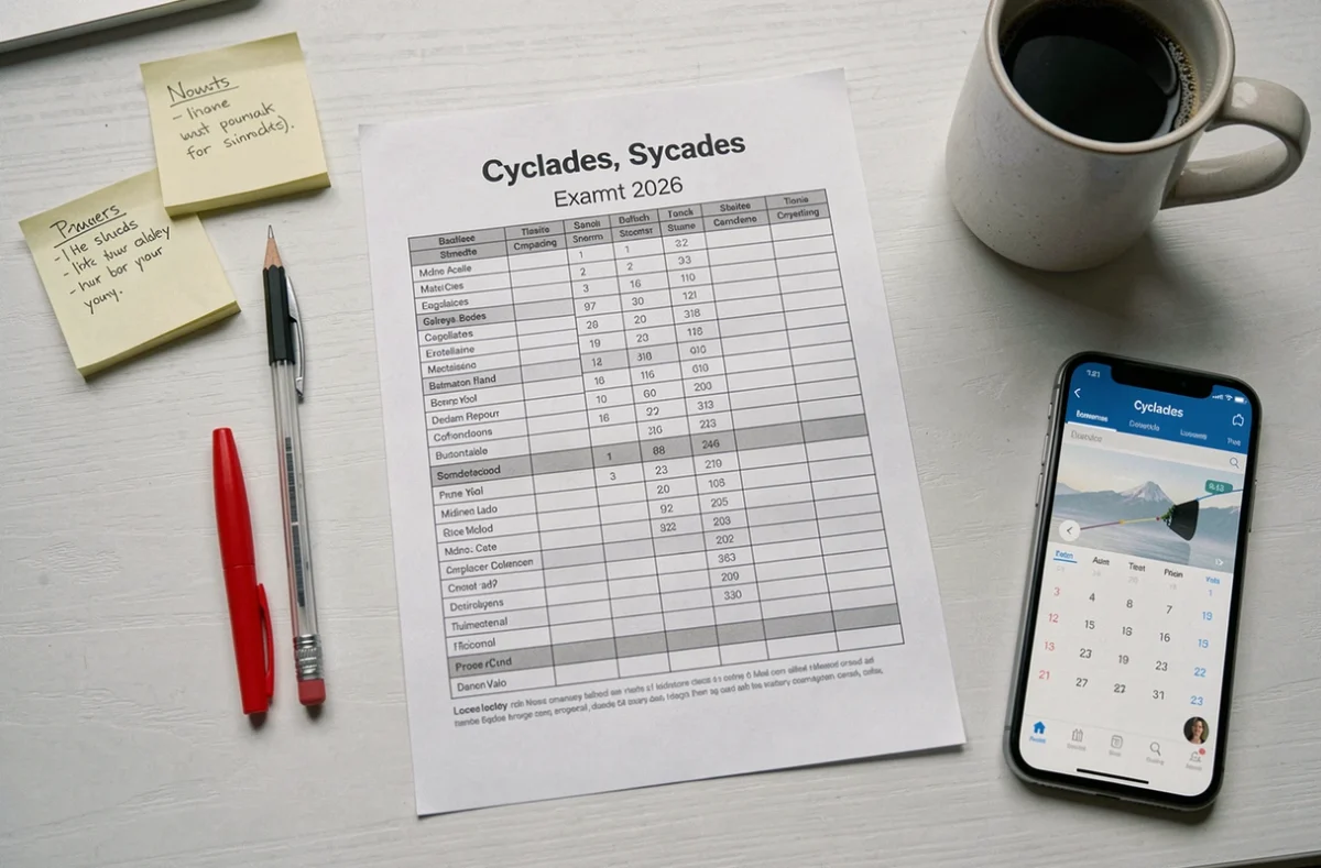Vue aérienne d'un planning d'examens Cyclades 2026 posé sur un bureau avec des fournitures scolaires