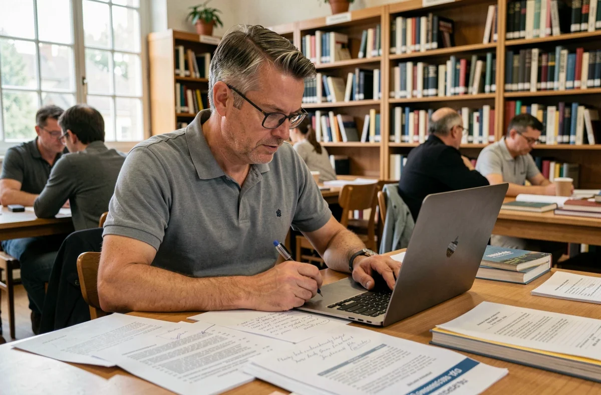 Un homme d'une quarantaine d'années prépare l'examen BVTC carte VTC dans une bibliothèque publique