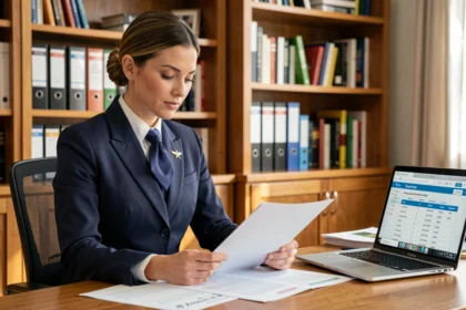 Hôtesse de l'air en uniforme qui révise des documents pour préparer le certificat de compétences CCA
