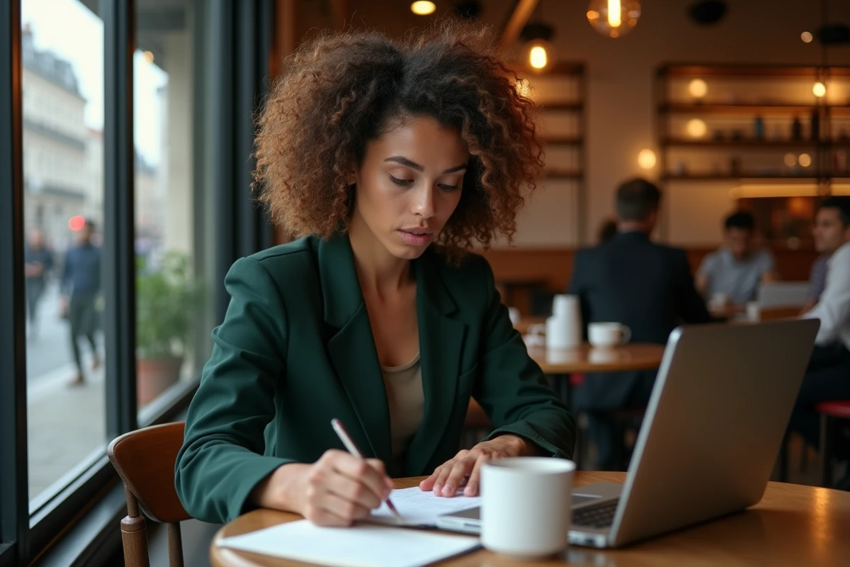 Femme se préparant à un entretien BCG dans un café parisien avec un ordinateur portable et des notes manuscrites