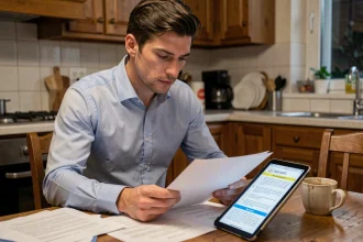 Un homme de 30 ans révise ses documents pour l'examen carte VTC le soir à son domicile
