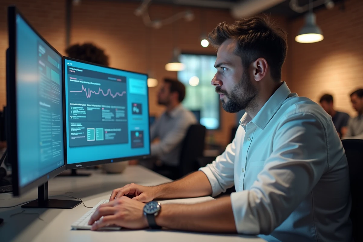 Homme présentant un prototype numérique à un collègue dans un espace de coworking collaboratif