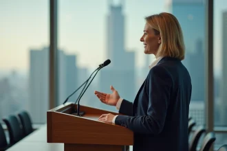 Femme confiante prenant la parole en public lors d'une conférence professionnelle dans une salle moderne