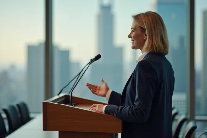Femme confiante prenant la parole en public lors d'une conférence professionnelle dans une salle moderne