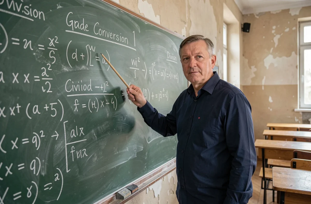 Professeur expliquant la conversion de notes au tableau avec des formules mathématiques