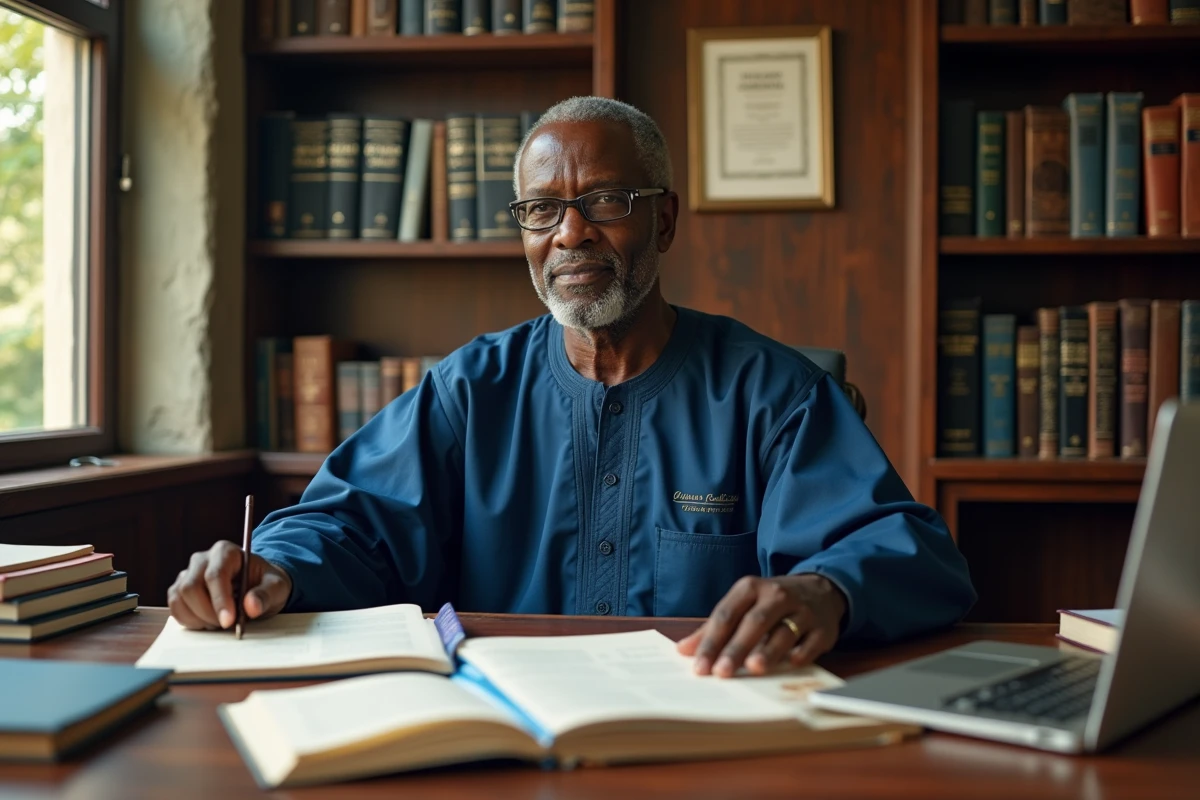 Professeur africain examinant des documents d'accréditation CAMES dans son bureau universitaire