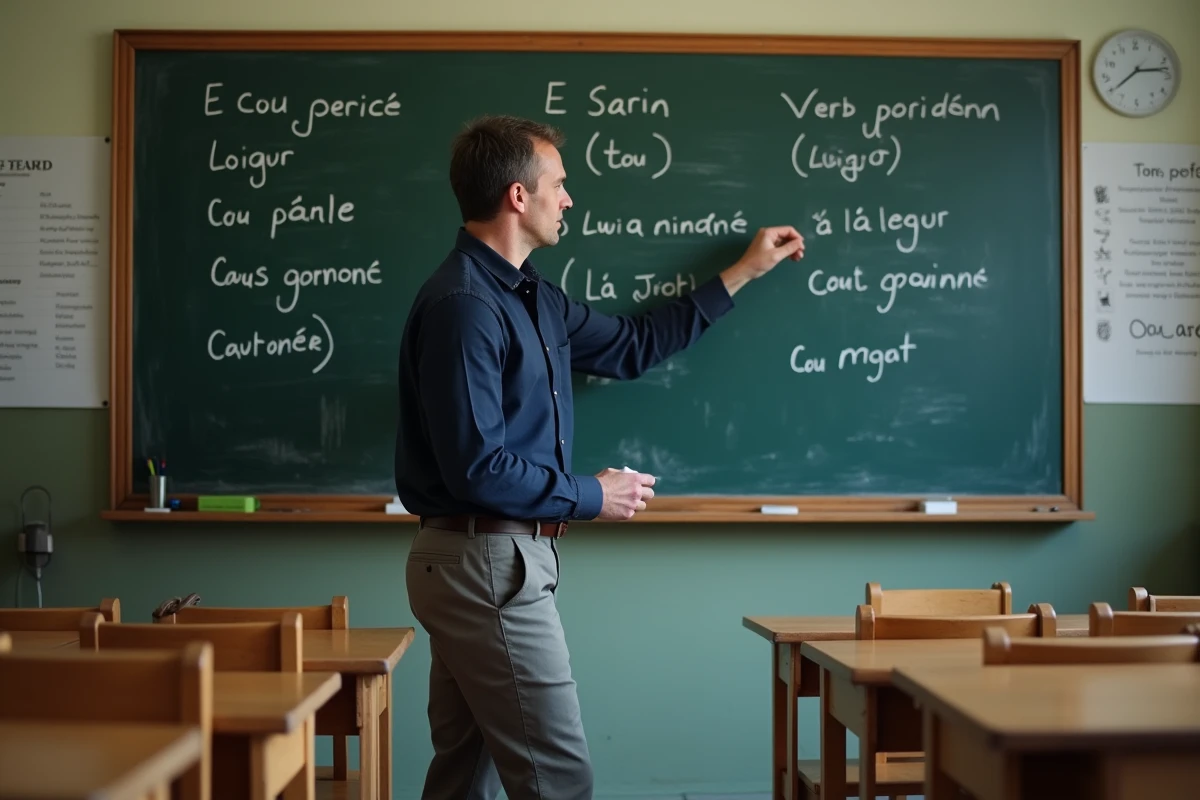 Professeur de français expliquant les terminaisons du passé simple devant un tableau noir avec des tableaux de conjugaison