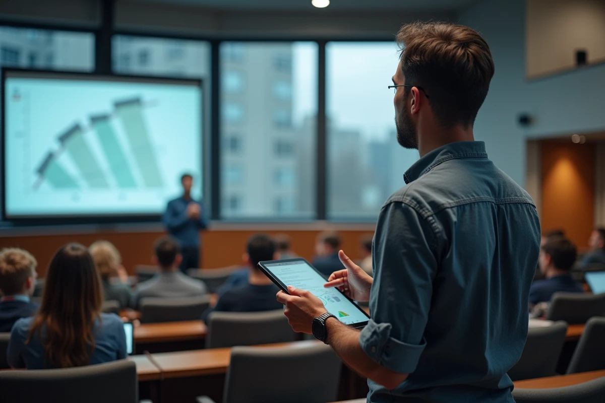 Professeur utilisant un tableau numérique interactif face à des étudiants distraits par leurs appareils technologiques en amphithéâtre