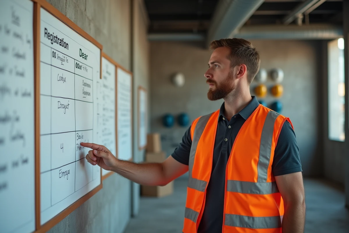Professionnel du BTP en gilet de sécurité consultant le tableau des délais d'inscription aux sessions de certification 2026