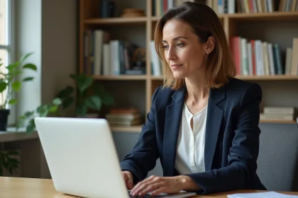 Femme professionnelle prospectant sur LinkedIn depuis son bureau à domicile, alignée avec ses valeurs personnelles