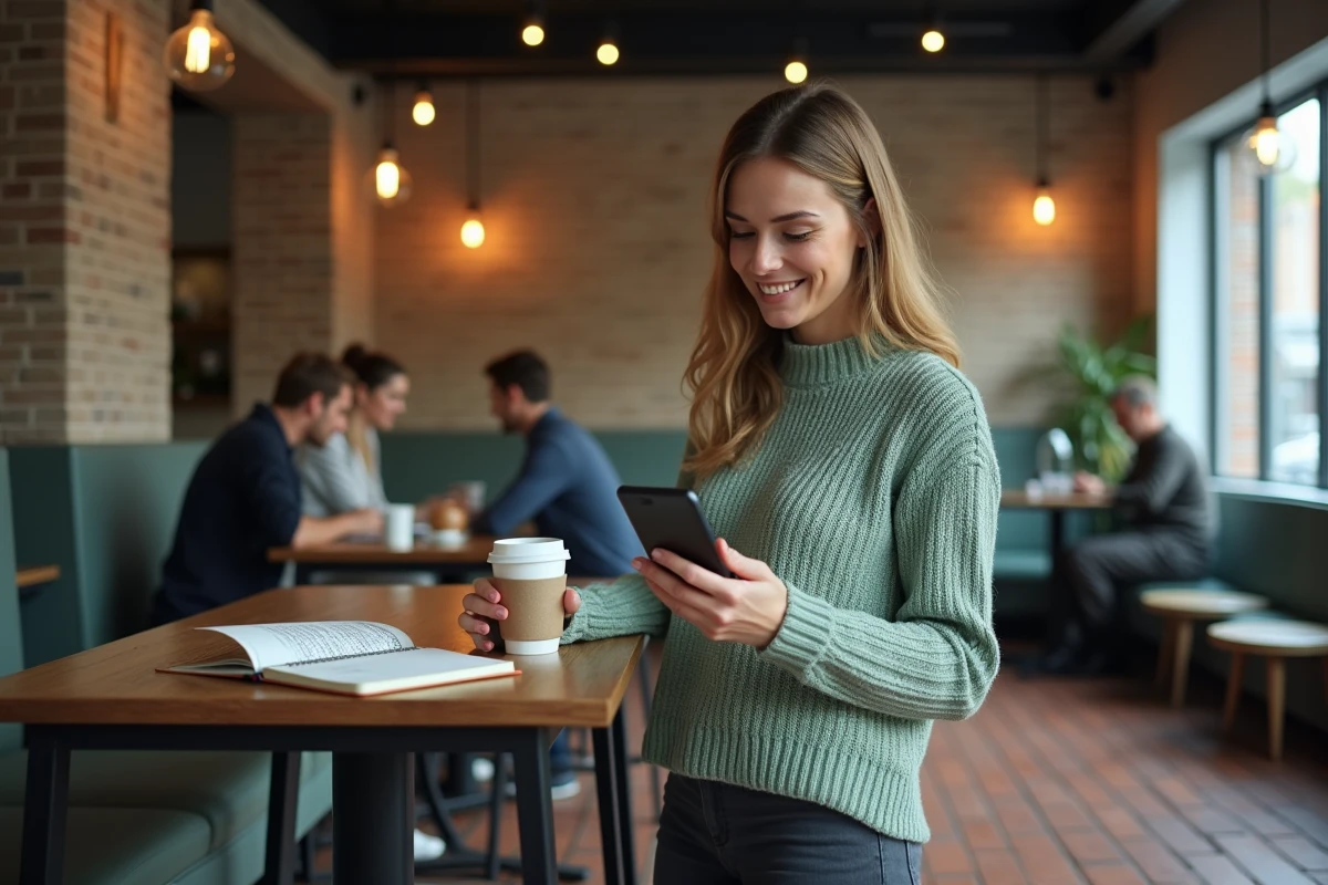 Professionnelle consultant LinkedIn sur smartphone dans un café co-working pour une prospection authentique