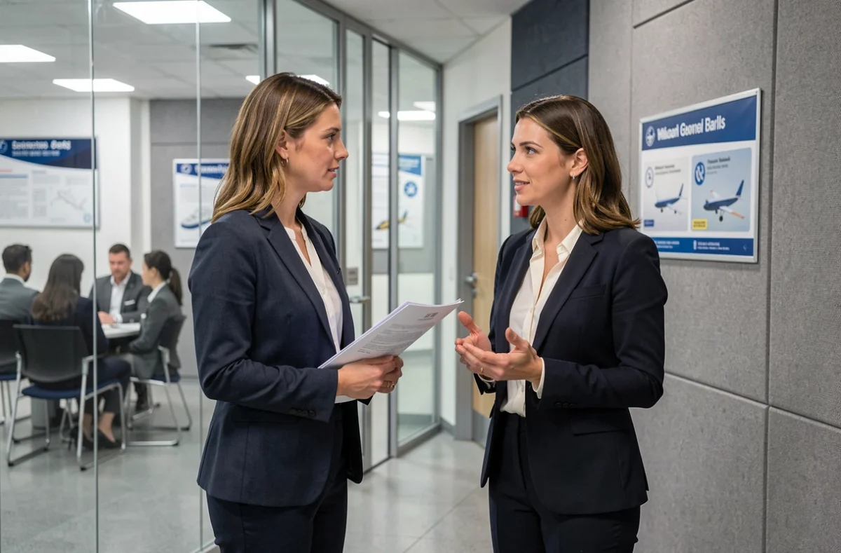 Deux candidates discutant dans un centre de formation aéronautique lors d'un processus de recrutement hôtesse de l'air