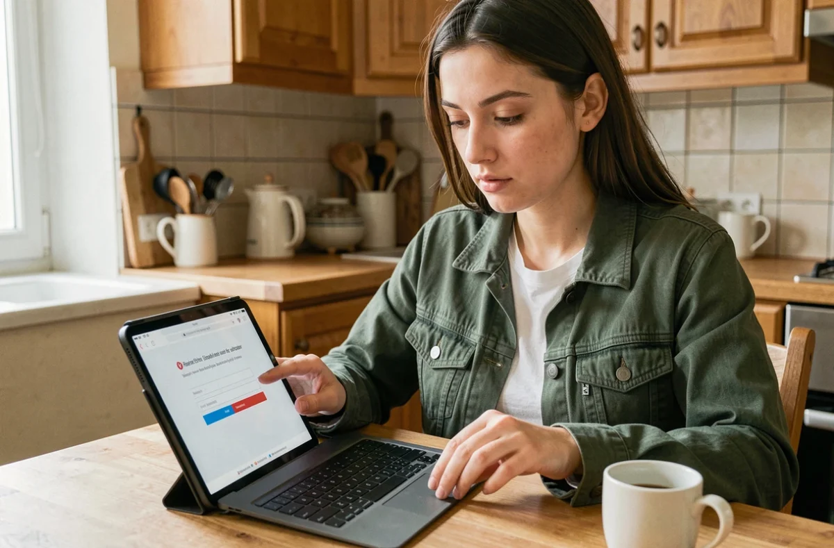 Jeune femme consultant la page de récupération de mot de passe PIA depuis chez elle sur une tablette
