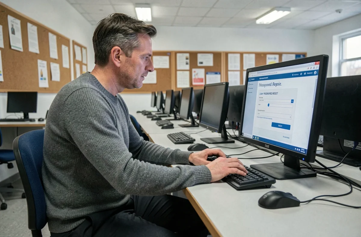 Personnel administratif tentant de réinitialiser son mot de passe sur un portail académique depuis une salle informatique d'école