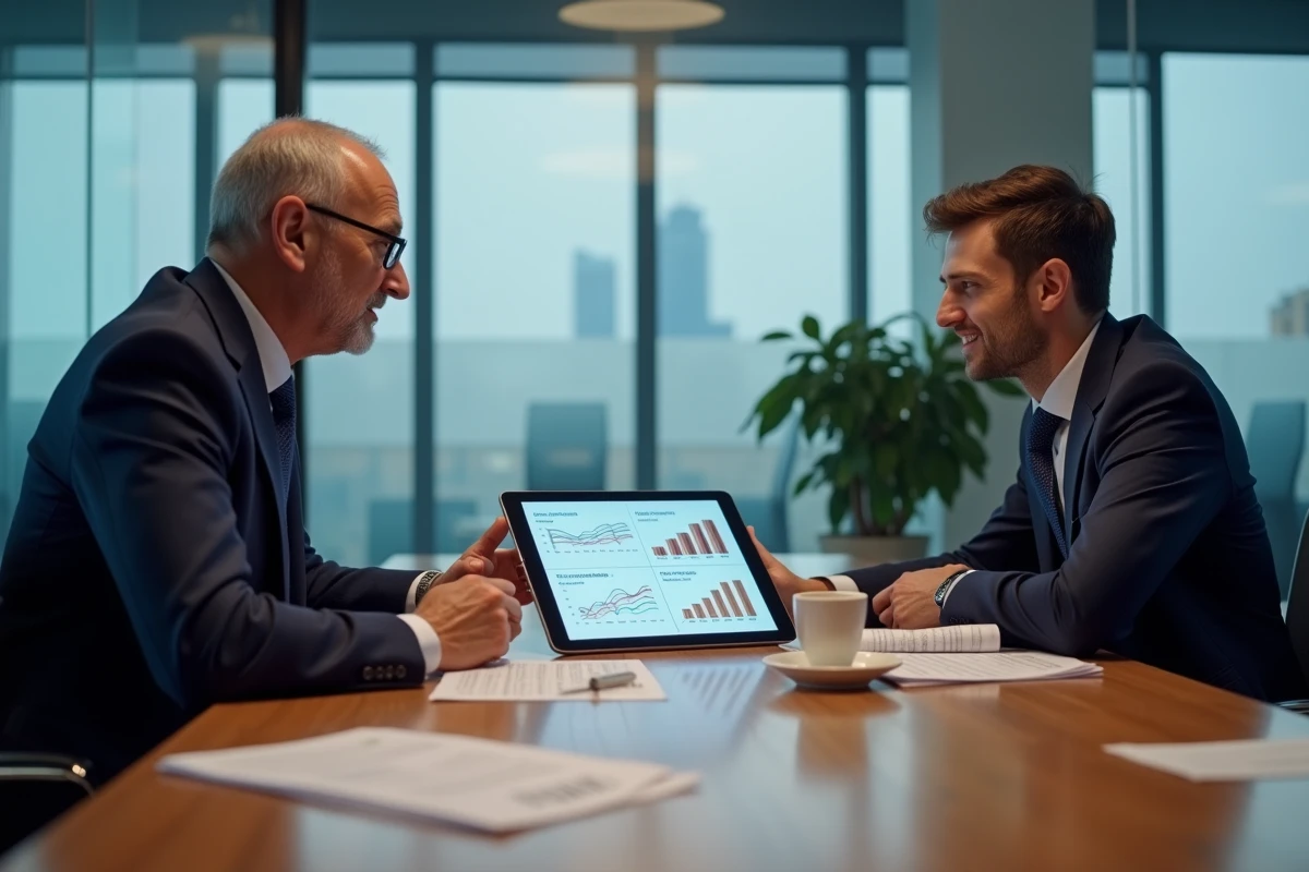 Réunion d'affaires autour d'une tablette affichant des graphiques de ratios financiers en salle de conférence