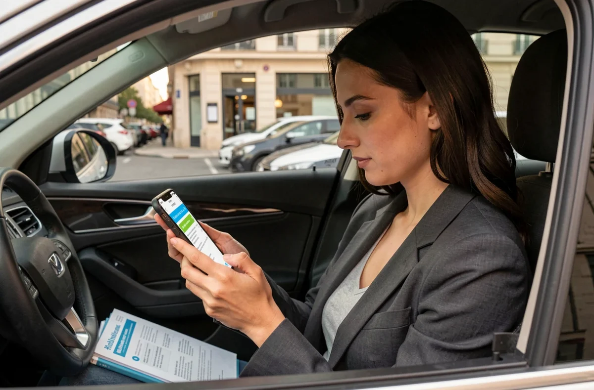 Une femme chauffeur VTC révise sur son smartphone pendant une pause dans sa voiture en ville