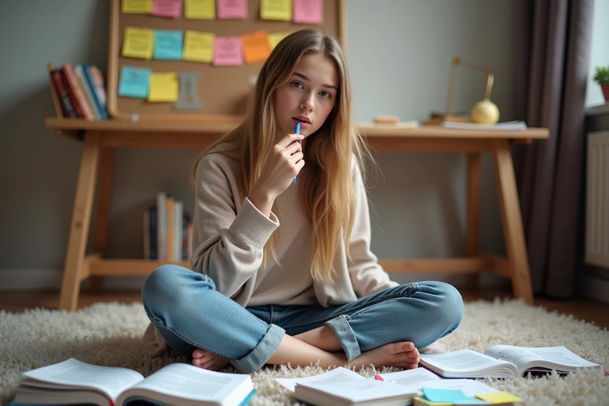 Adolescente révisant les formes du verbe partir au présent entourée de livres de grammaire française