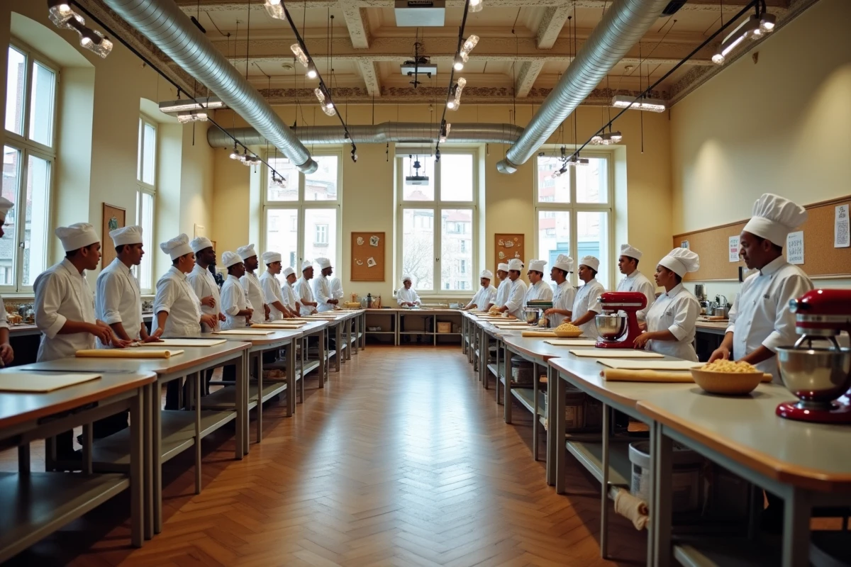 Salle de cours d'une école de pâtisserie française avec des étudiants en toque autour de leurs plans de travail