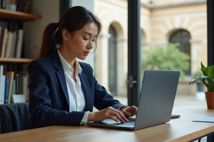 Femme configurant les paramètres de sécurité de sa messagerie académique Bordeaux sur un ordinateur portable dans un bureau universitaire