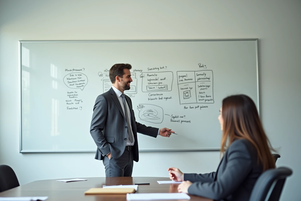 Jeune consultant présentant un cadre stratégique lors d'une simulation d'entretien BCG avec tableau blanc et notes
