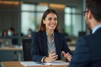Une femme professionnelle en blazer marine discutant avec un collègue dans un bureau moderne, illustrant les soft skills de communication et d'écoute active sur un CV