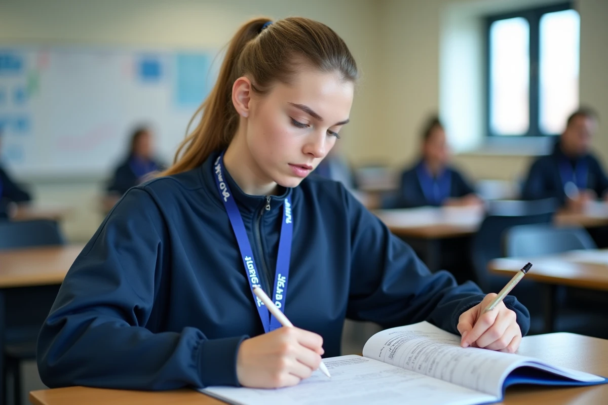 Stagiaire en formation CQP ALS étudiant un manuel de cours dans une salle de formation sportive