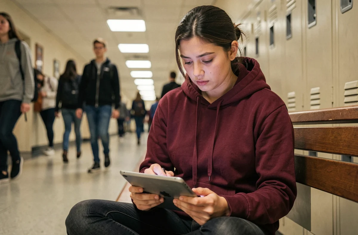 Jeune stagiaire remplissant son livret de suivi de stage numérique sur tablette dans un couloir d'établissement GRETA
