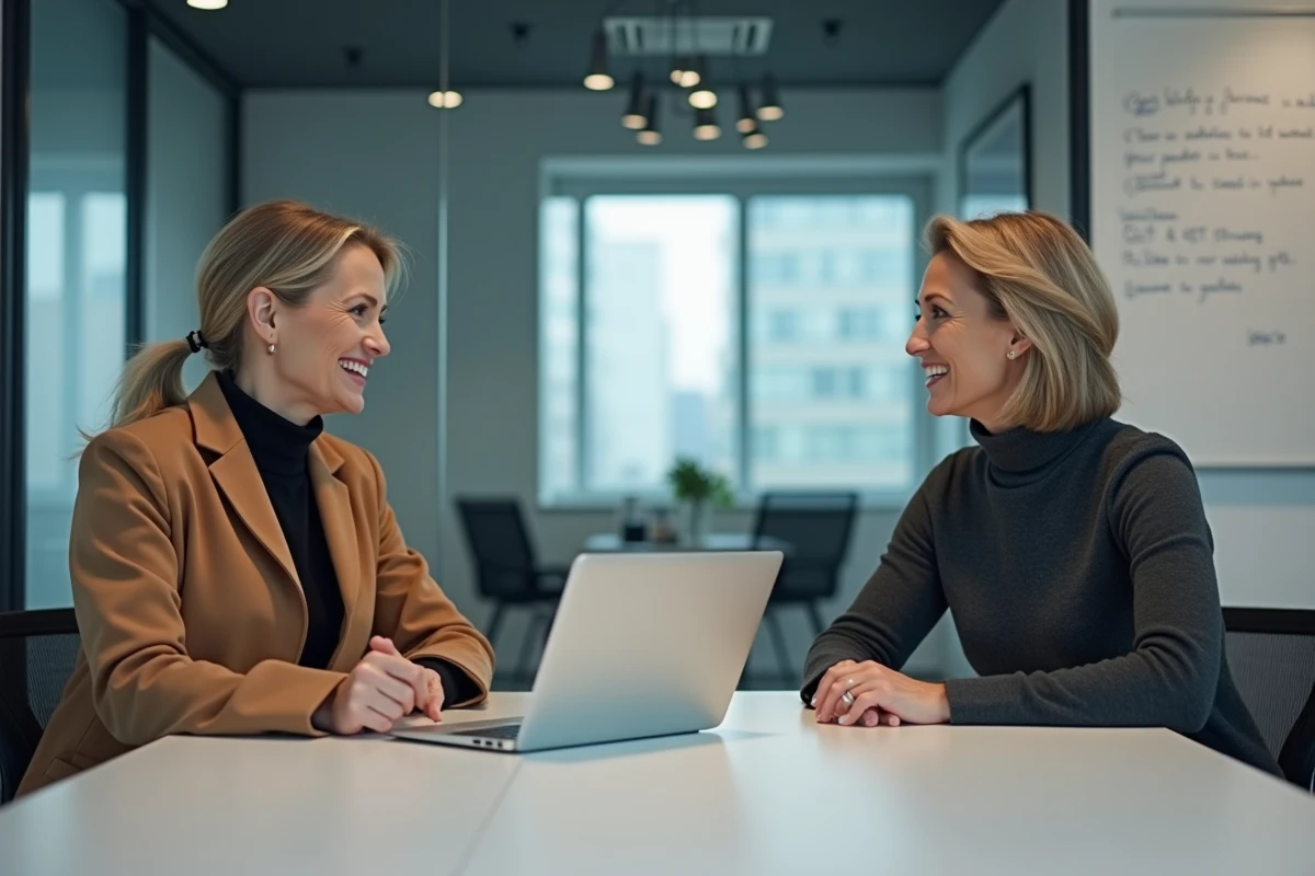 Deux professionnelles discutant d'une stratégie de prospection LinkedIn alignée avec leurs valeurs en salle de réunion